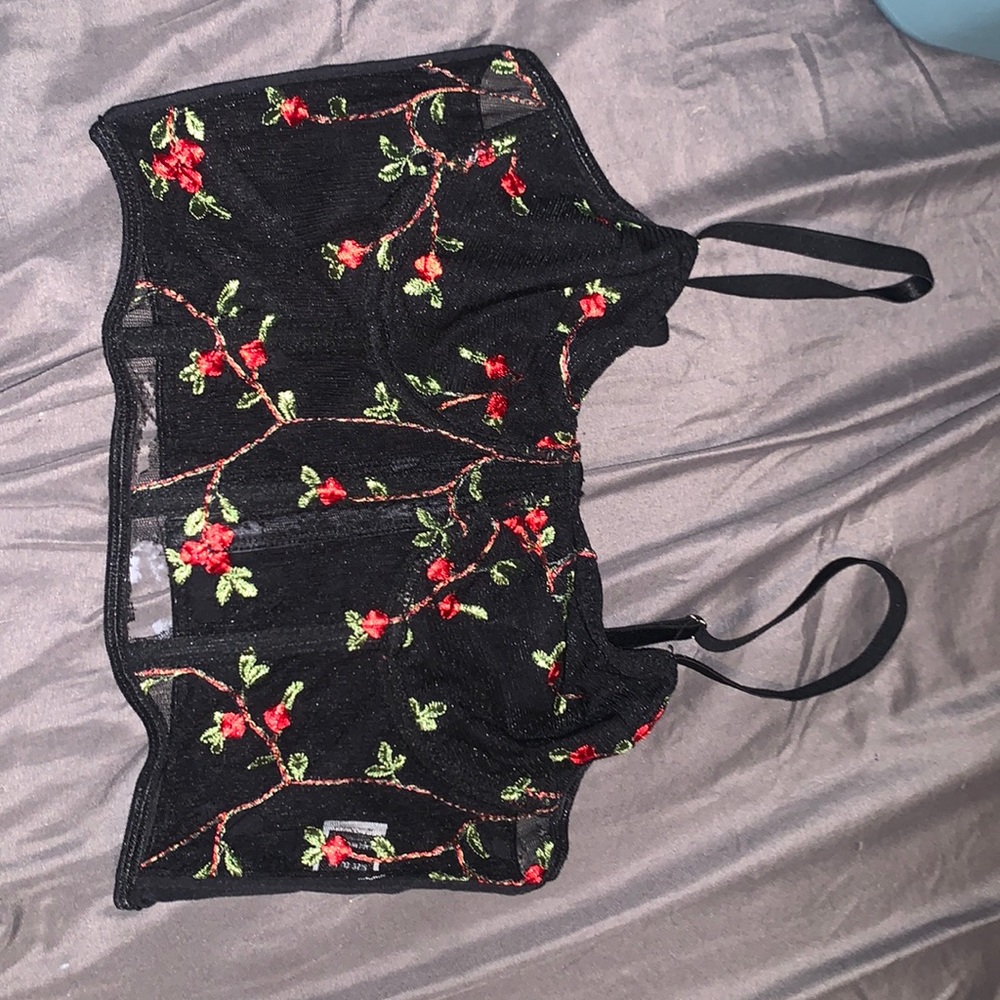 SHEIN shirt florals (red) and black mesh see through front (covered breast area)